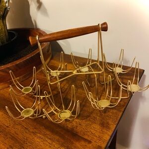 Vintage Mid Century Modern Brass Metal / Wood Handle Roly Poly Drink Caddy